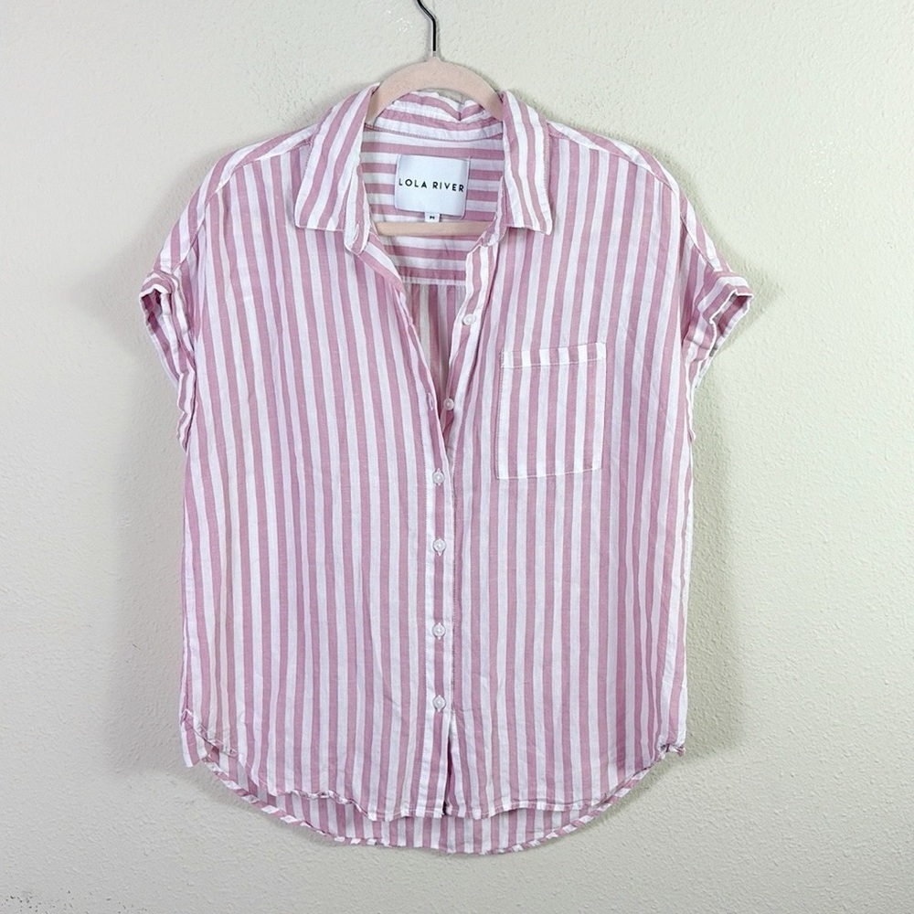 Lola River Short Sleeve Stripe Red White Button Down Shirt size Medium